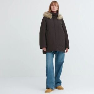 Uniqlo Women's Down Coat Hooded Faux Fur Trim Black XL Down Blend Warm